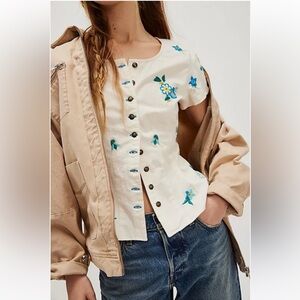 Free People Kelly Cotton Poplin Floral Embroidered Blouse w/Peplum Hem size S